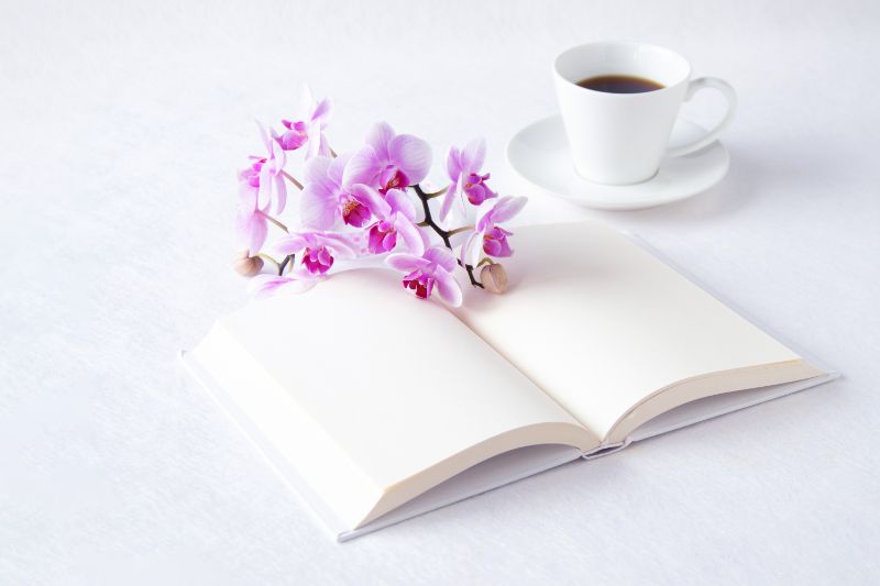胡蝶蘭と本とコーヒー
